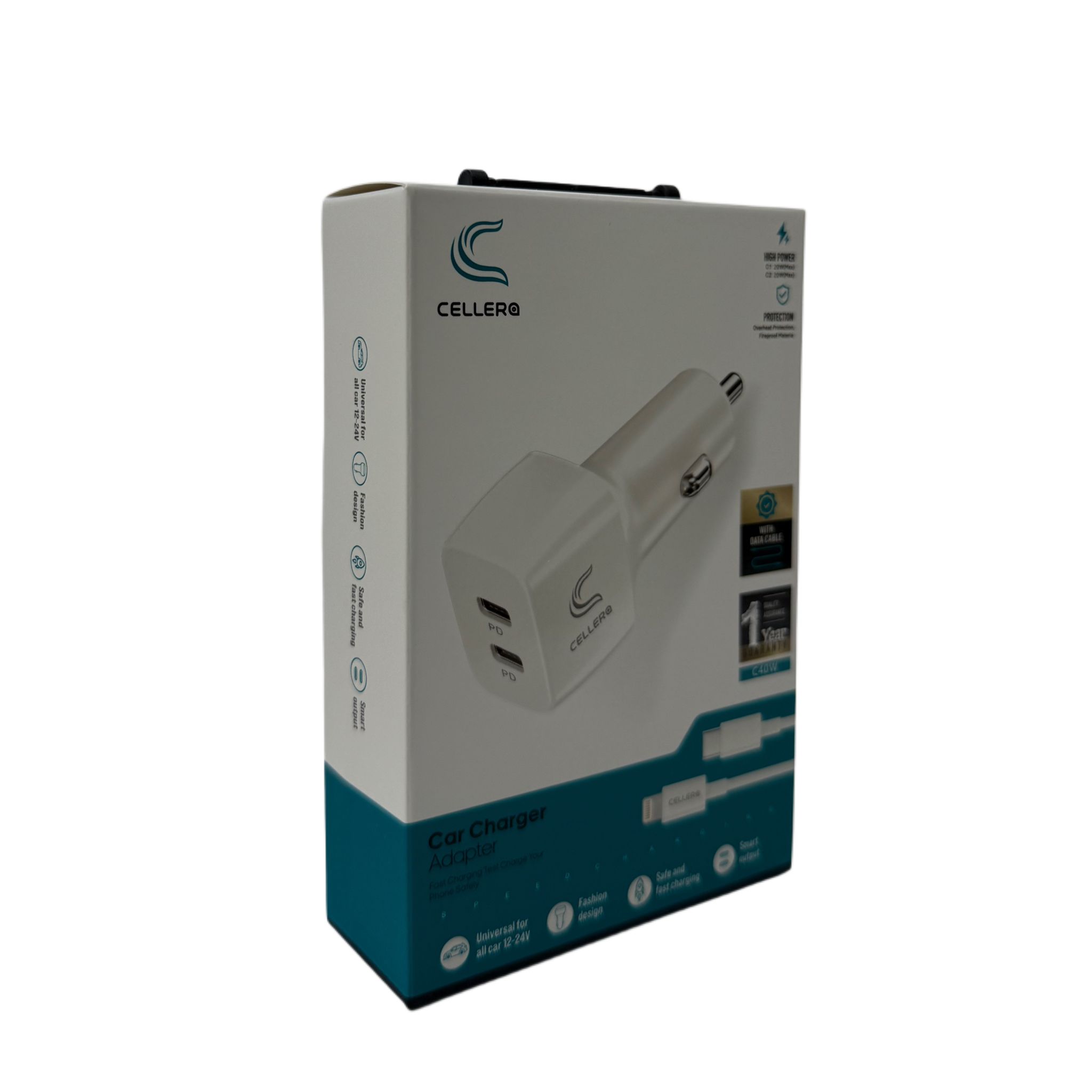 מטען רכב CELLERA GAN 40W PD+PD כולל כבל אייפון